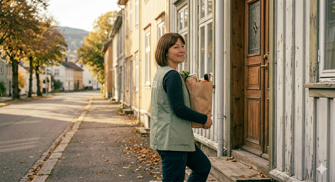 Eira-medarbeider leverer handleposer på en gate i Drammen