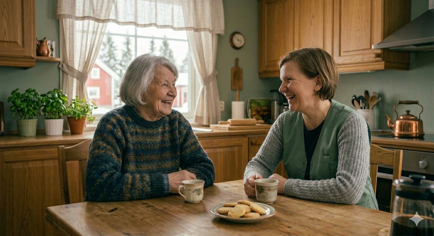 Eira-medarbeider tar en kaffepause sammen med eldre kvinne på kjøkkenet